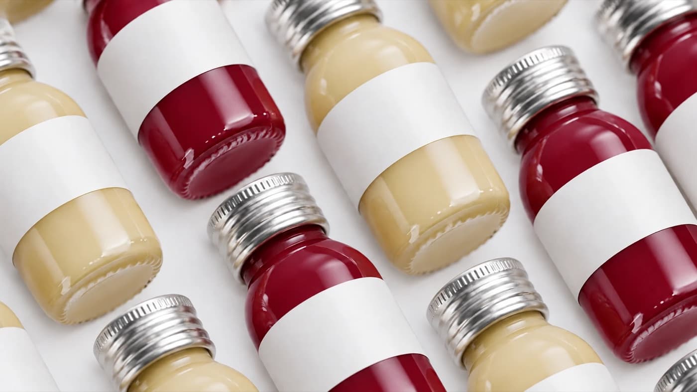 Rows of beet and broccoli shot bottles with blank labels and metal caps